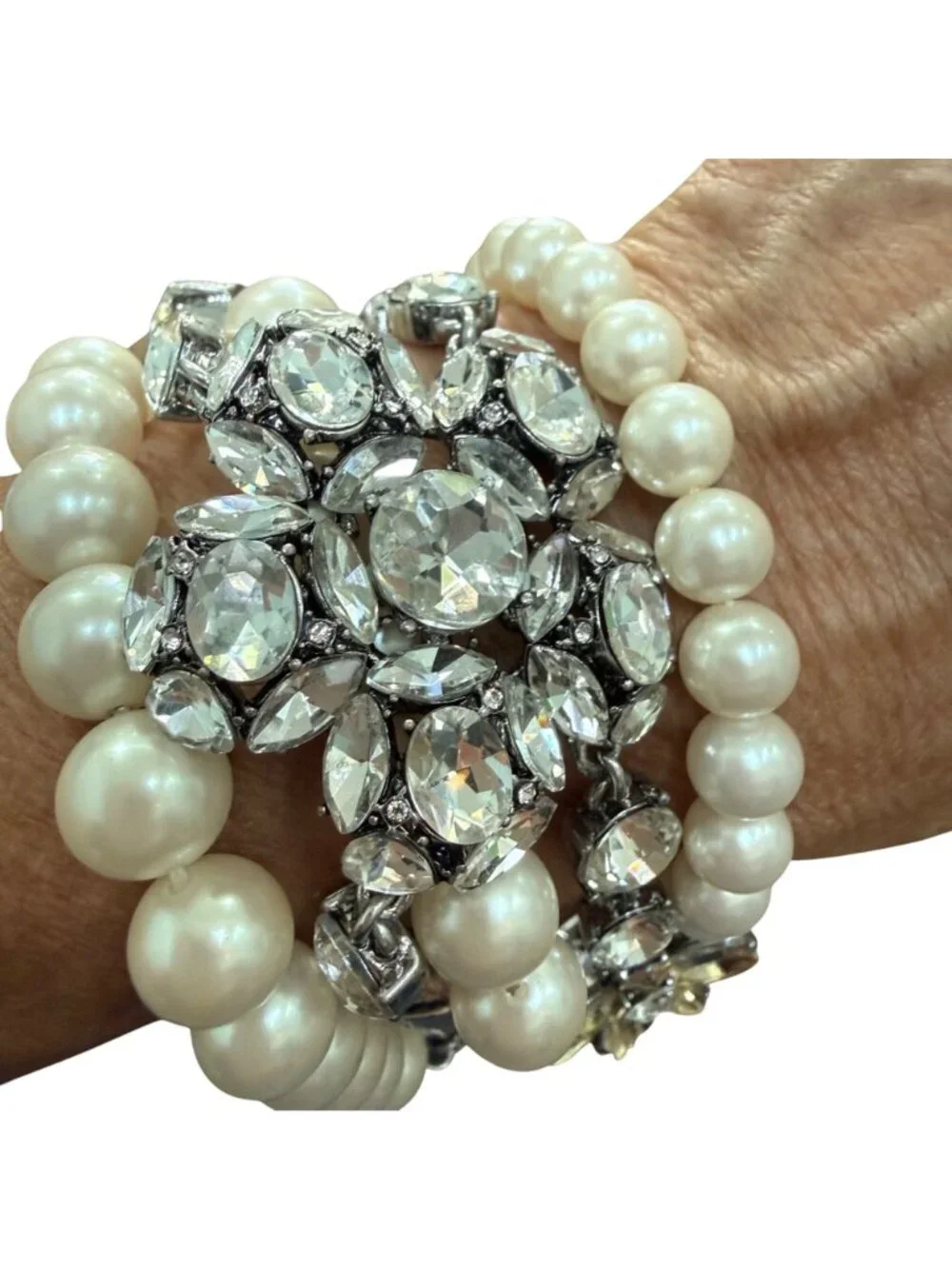 Ann Taylor Bracelet Faux Pearls Rhinestones Formal Silver Tone 7.5-8.5 inches